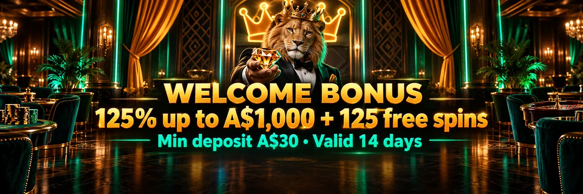 Crowned tuxedoed lion presenting a glowing gemstone and casino chips in a luxurious orange and mint casino interior.