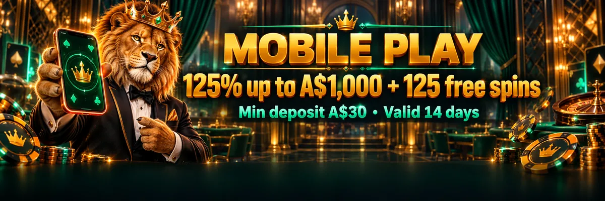Crowned tuxedoed lion holding a polished mobile device with a glowing casino interface in a dark premium casino lounge.
